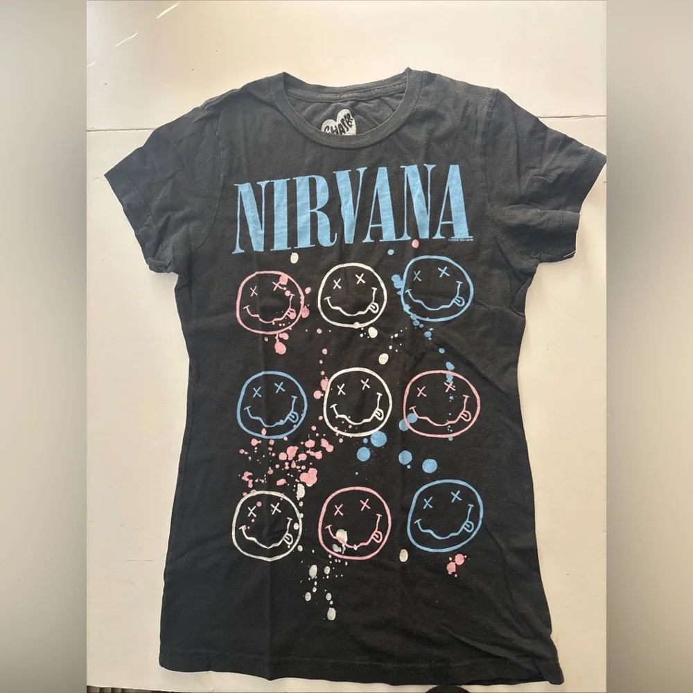 Vintage 2009 Nirvana Chaser Smiley Splatter Tee Juniors L Fits like Women's XS/S